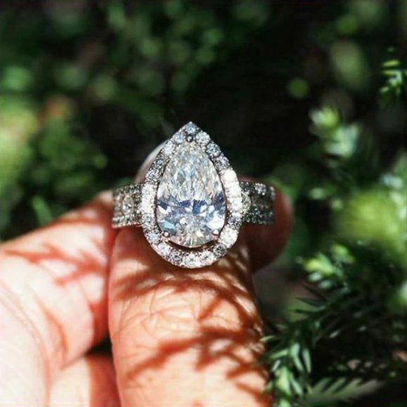 Pear Shaped Engagement Ring, Halo Ring, CZ Diamond Wedding Ring, Bling Ring - Picture 4 of 6